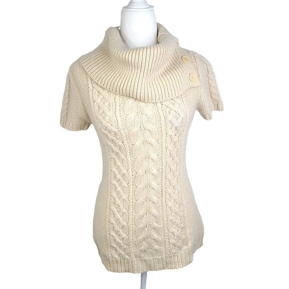 BCBGMaxazria Ivory White Cream Chunky Ribbed Knit Fisherman Sweater Wool Top